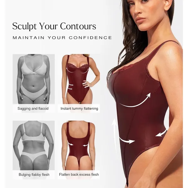 NWT Popilush Faux Leather Corset Bodysuit Deep Red Lace Tummy Control Shaper Med - Image 4