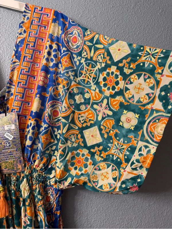 Floral silk maxi dress Geo-Print V-Neck in Teal and Orange nwt - Image 2