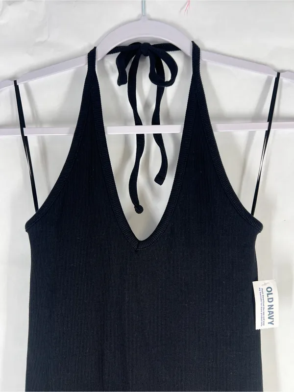 Old Navy Fitted Sleeveless Halter Rib-Knit Midi Dress Black S NWT - Image 3