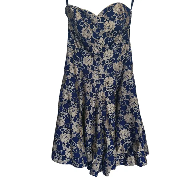 VTG 90s Strapless Sweetheart Floral Mini Dress Gold Foil Navy Size 6 Homecoming - Image 3