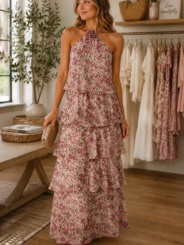 Vero Moda Felicia Halter Maxi Dress L Pink Floral Autumn Wedding Guest - Image 4