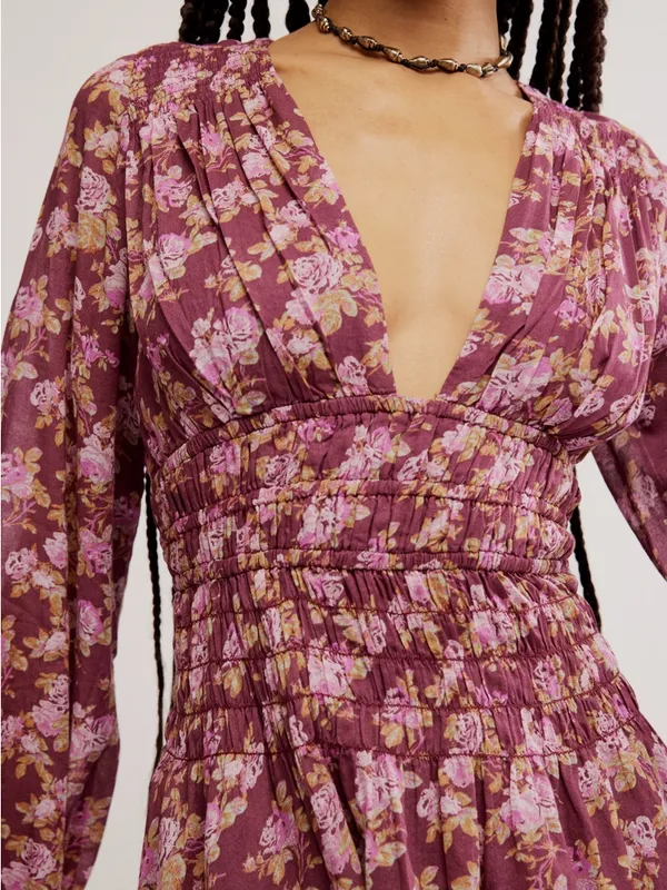 NWT Free People Keep You Mini Dress in Berry Combo Long Sleeve Floral Size Small - Image 5