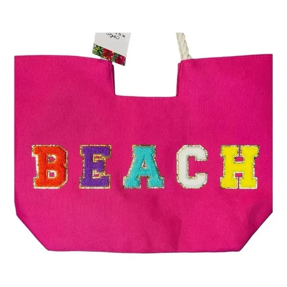 Sunglow Style Beach Tote Bag Womens‎ NWT Pink Chenille Patch Rope Handle Summer - Image 2