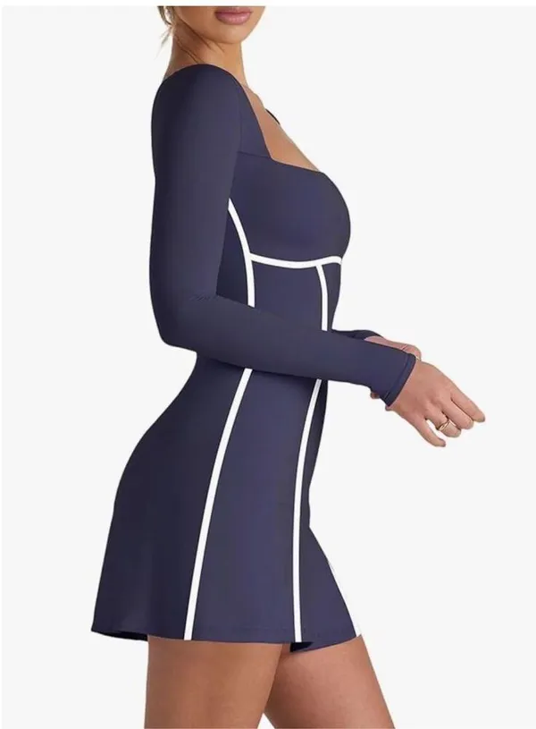 NEW Navy Blue Long Sleeve Square Neck Bodycon Side Slit Mini Dress M - Image 5