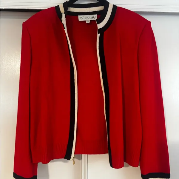 St. John Collection Red Knit Open-Front Jacket with Black and Cream Trim - Image 2