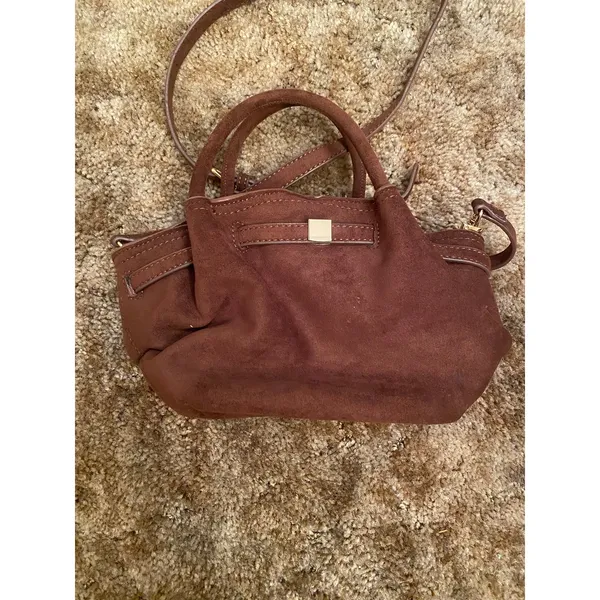 Chic Brown Faux Suede Crossbody Bag Gold Accents Minimalist Top Handle Satchel - Image 4