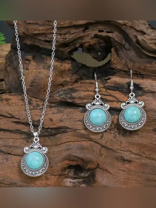 Silver Floral Turquoise Pendant Necklace & Earrings Set - Women Jewelry - Image 3