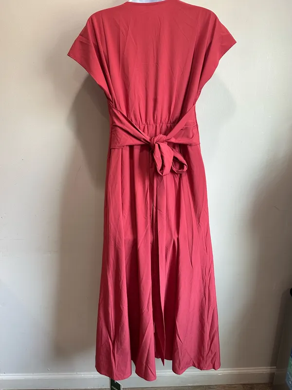 HALARA V-Neck Short Sleeve Midi Dress in Brick Red - Image 4