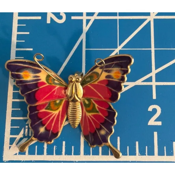 Vintage Gold Tone Butterfly Brooch Pendant Colorful Enamel Wings 3D Design 1.5" - Image 4