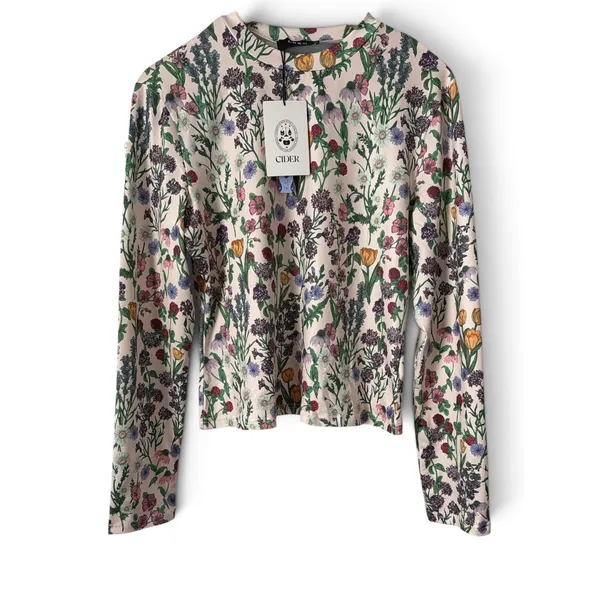 Cider Women Cream Wildflower Botanical Print Mock Neck Long Sleeve Top XL NEW - Image 7