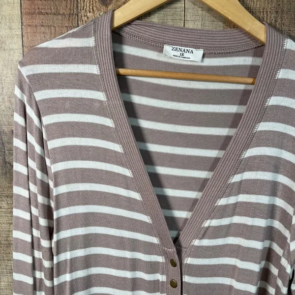 Zenana 1X Taupe Ivory Striped Snap Button Cardigan Soft Stretch Knit Ribbed Trim - Image 2