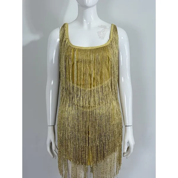 Women’s Yellow Gold Flapper Fringe Gypsy Mini Dress Low Back Party Dance Size S - Image 5