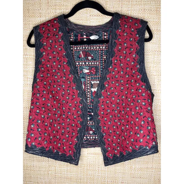 Handmade Reversible Quilted Christmas Vest Santa Claus Folk Art Red Green L - Image 5
