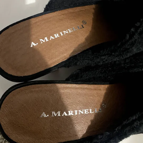 A. Marinelli Black Suede‎ Faux Fur Lined Whipstitch Mules Block Heel Size 8.5M - Image 6