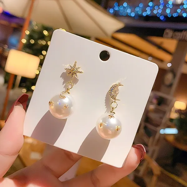 Moon and Stars Pearl Dangle Drop Earrings for Women - Image 3