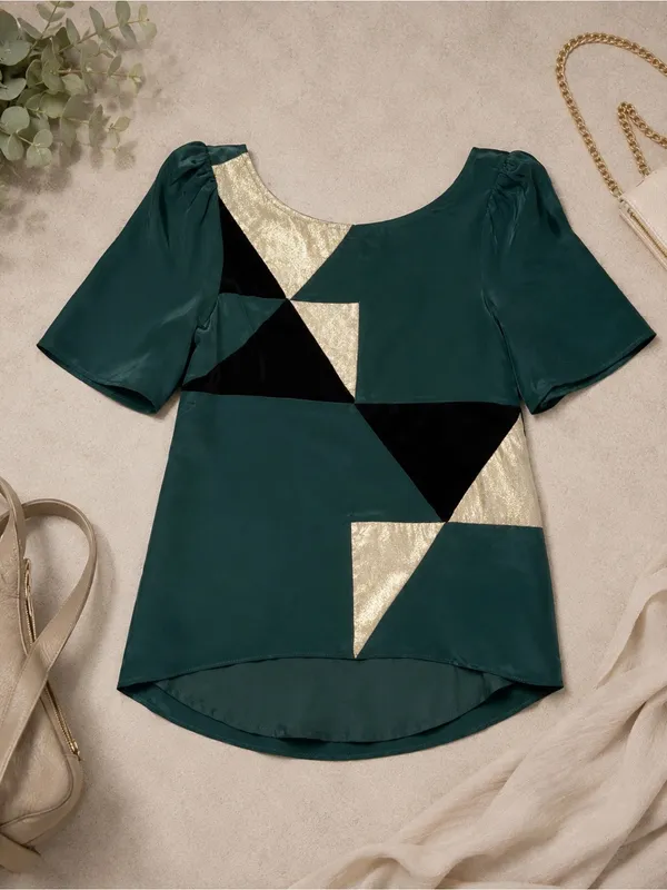 Line & Dot 100% Silk Geometric Shimmer Blouse Emerald Green XS - Image 2