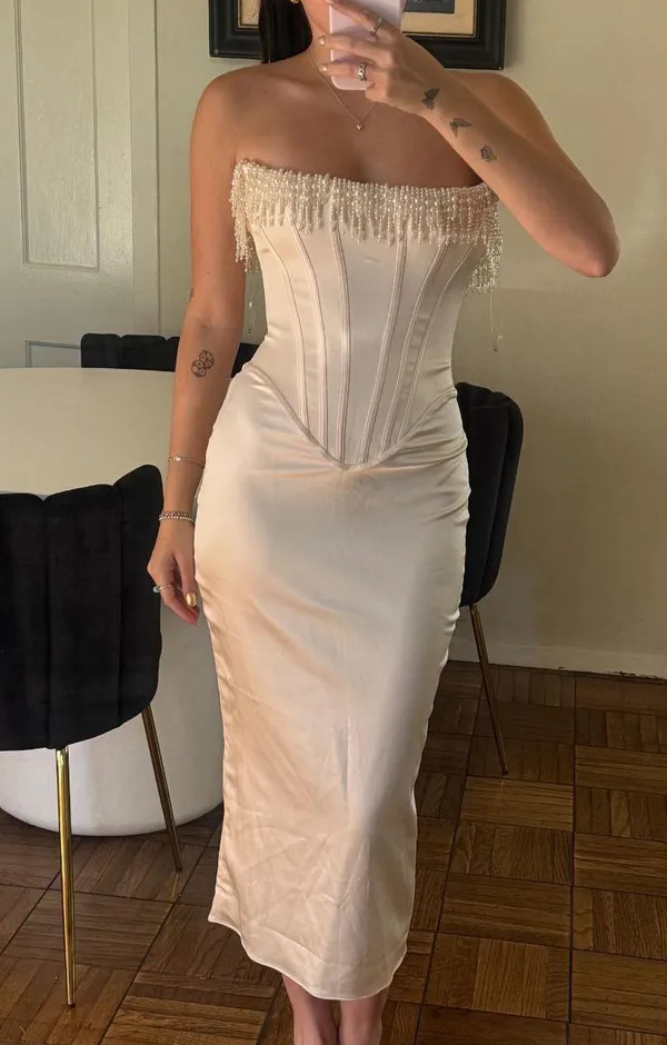 House Of CB NWT NALITA VINTAGE CREAM EMBELLISHED STRAPLESS DRESS. Size Medium - Image 5