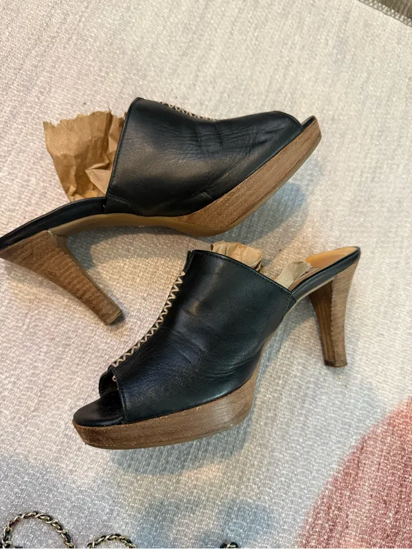 Paul Green Munich Black Leather Mule Heels Wood Heel EUC Minimalist Luxe 90s 5 - Image 6