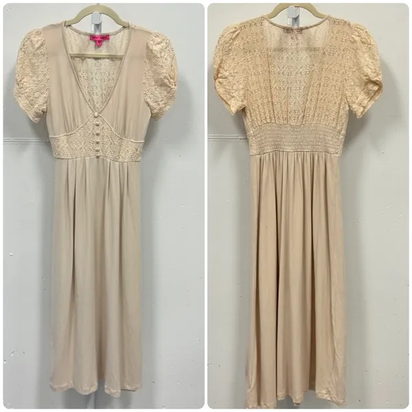 Betsey Johnson Mosaic Lace Puff-Sleeve Midi Dress Crochet Back Cream Sm JL408532 - Image 2