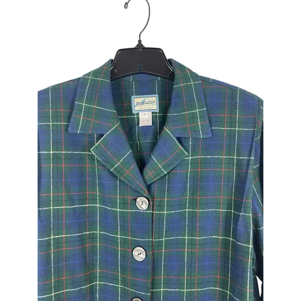 Pendleton Originals Wool Plaid Blazer Jacket Shacket Top L Green Blue Tartan 90s - Image 2