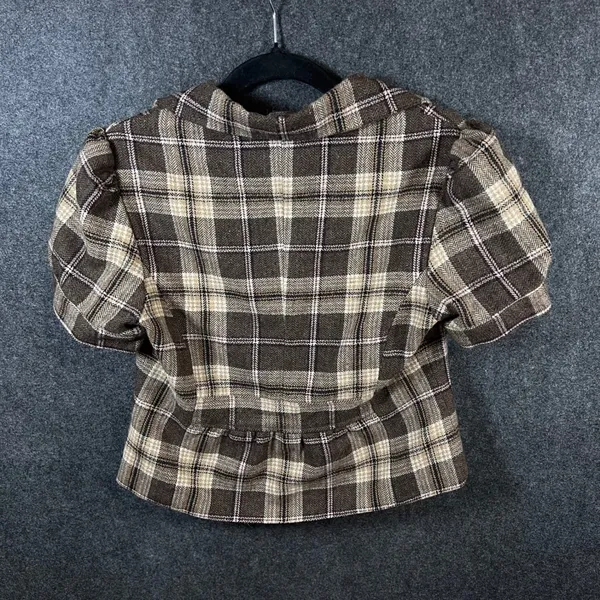 Forever Brown Plaid Wool Blend Cropped Short Sleeve Blazer Jacket Large Y2K - Image 2