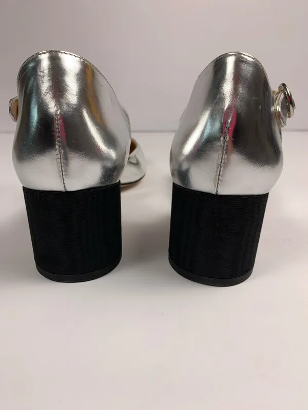 J.Crew Maisie Womens 9.5 Silver Leather Mary Jane Block Heel Black Cap Toe Shoes - Image 11