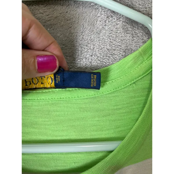 Polo Ralph Lauren Stripe T Shirt Dress Neon‎ Green White Pocket Women's Medium - Image 6