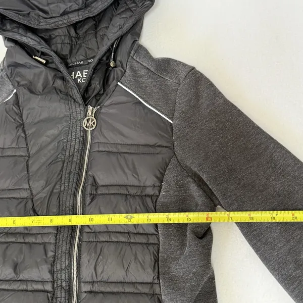 Michael Kors Black Knit-Sleeve Puffer Coat Hooded‎ Zip Up Women's Size Small - Image 4