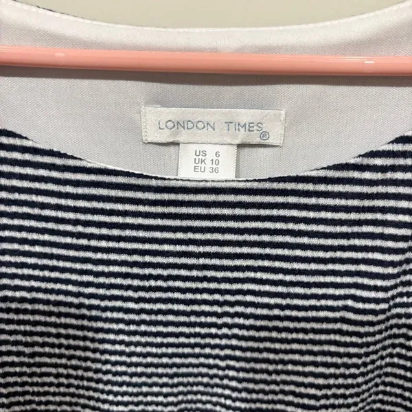 London Times White Navy Stripe Trapeze Tiered Midi Dress Size 6 - Image 5