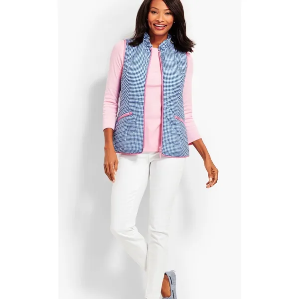 Talbots‎ Womens Blue Gingham Quilted Puffer Vest Pink Trim Full Zip XS Pockets - Image 3