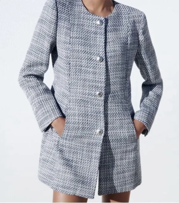 ZARA Long Structured Tweed Button Down Blazer Coat Small - Image 2