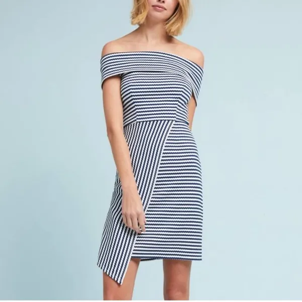 Hutch Blue White Striped Off Shoulder Asymmetrical Mini Dress Womens S Preppy - Image 3