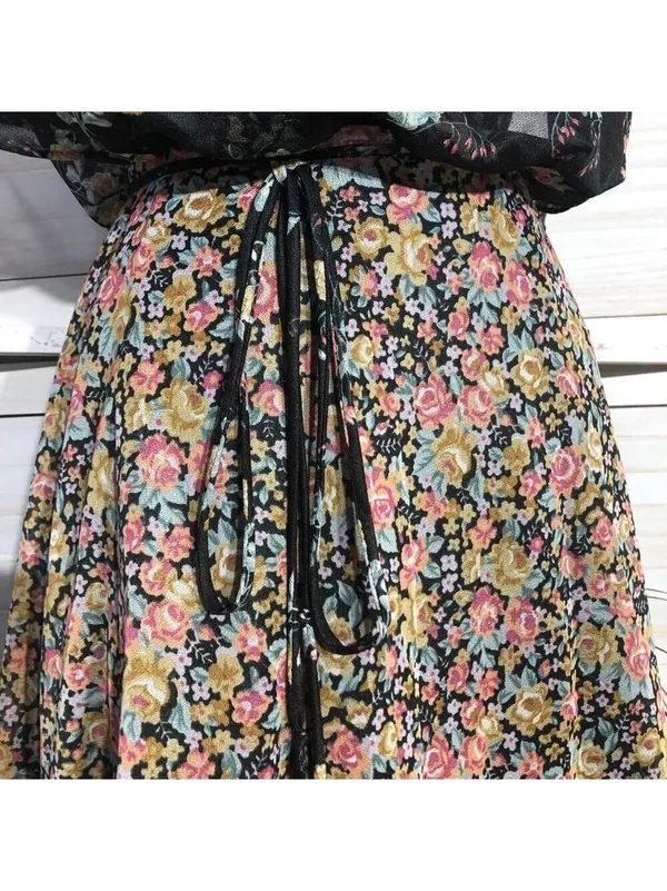 Vintage 80s Floral Full Swing Dress Black Boho Medium - Image 9