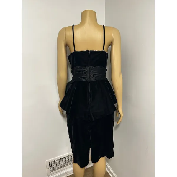 Vintage Night Way Black Velvet Peplum Dress Rhinestone Bow Halter 80s Glam 12 - Image 4
