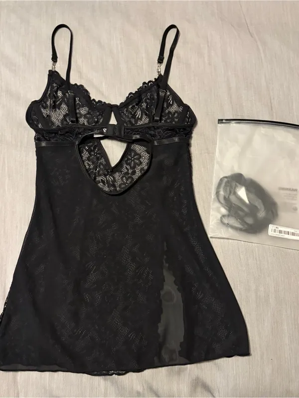 Shein Small Black Lace Mesh High Slit Mini Lingerie Dress, Rhinestone Wired Cups - Image 8