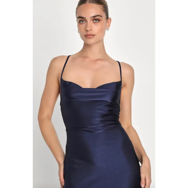 Lulus Iconic Allure Navy Blue Cowl Neck Lace Up Ruched Maxi Dress Stretch XS NWT - Image 4