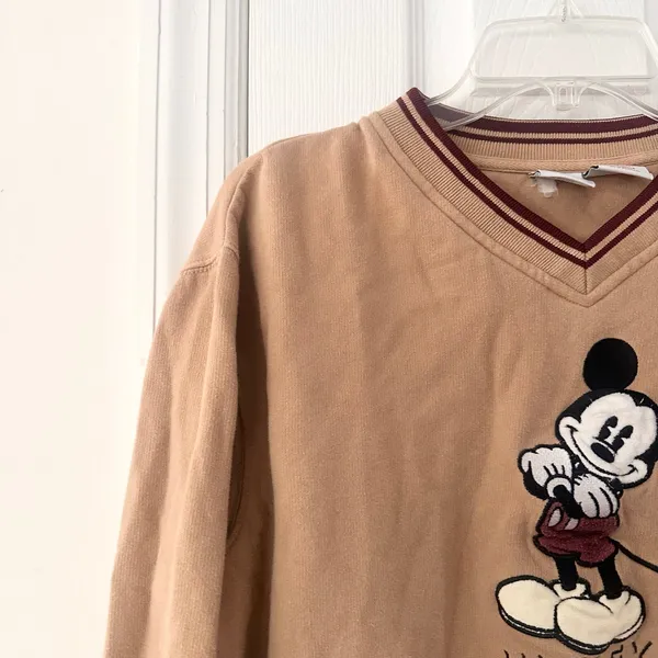Disney Vintage 90s Beige Maroon High V Neck Sweatshirt Embroidered Mickey XL - Image 2