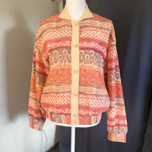 Oleg Cassini Vintage Silk Bomber Jacket Orange Geometric‎ Floral Print Small - Image 3