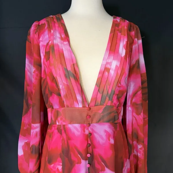 F&P Pink Floral‎ Midi Dress Women's Large NWT Long Sleeve V-Neck - Image 3