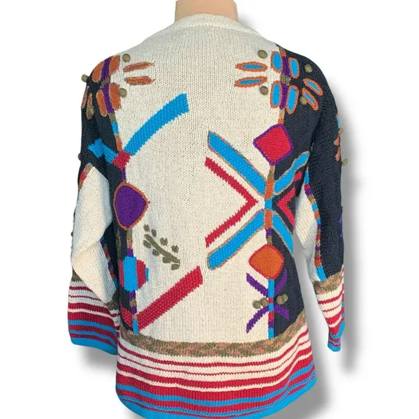 Vintage 90s Abstract Hand Knit Chunky Sweater‎ Bold Graphic Oversized Red Stripe - Image 7