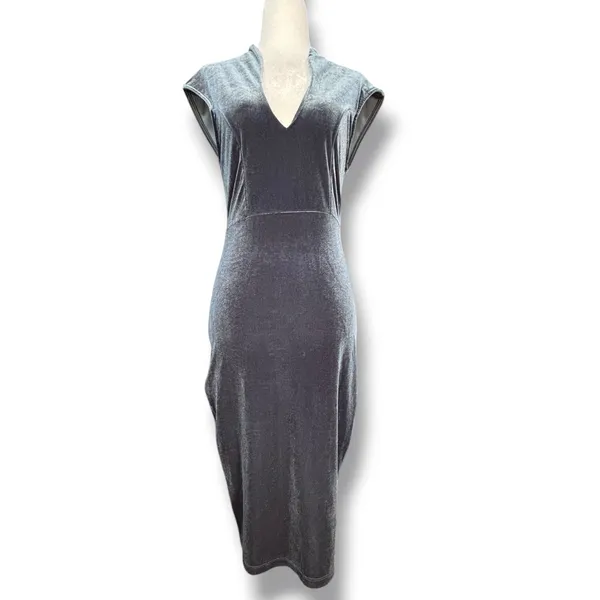 Y2K Windsor Blue Gray Velvet Midi Dress V Neck Bodycon Cocktail Party Holiday - Image 2