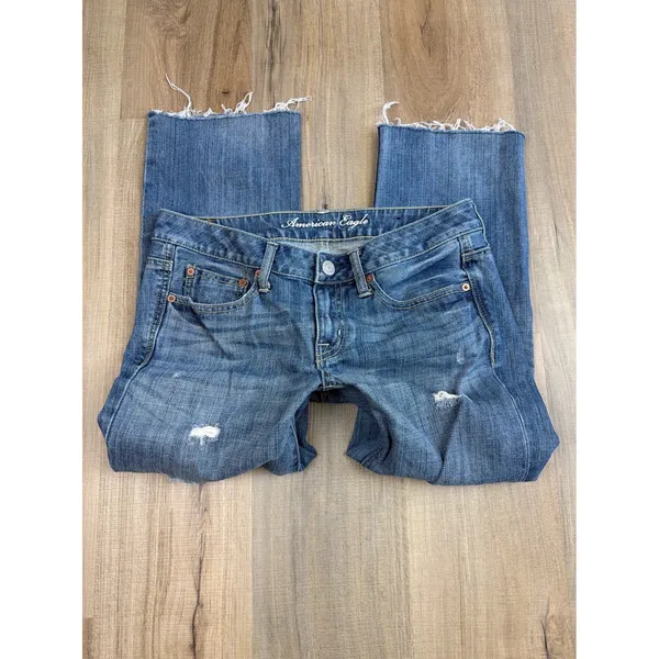 American Eagle Boy Fit Jeans Womens 4 Regular Blue Distressed Low Rise Y2K 2010 - Image 2
