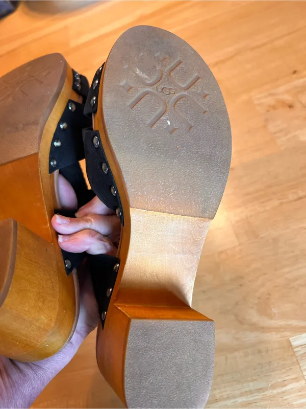 UGG Black Suede Studded Wood Block Heel Sandals - Image 12