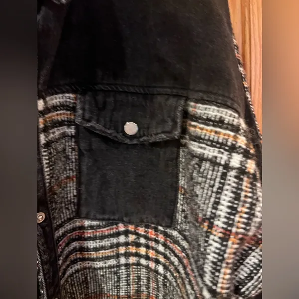 ZARA Contrast Black Denim & Tweed Plaid Mix Snaps Outer Jacket Shaket Size Large - Image 10