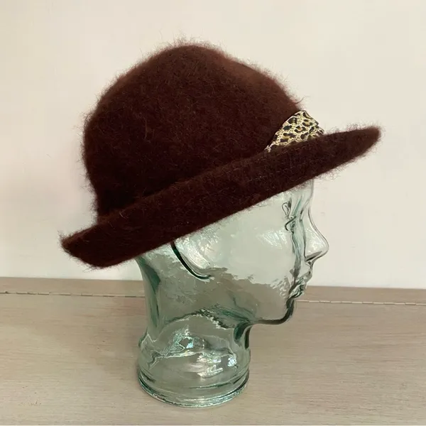 Cloche Women’s Hat Rabbit Hair Blend One‎ Size In Chocolate Brown Leopard Band - Image 5