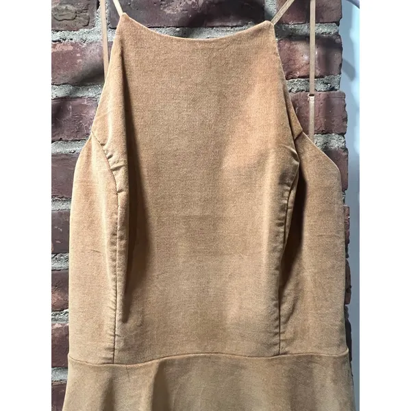 Blush Camel Stretch Corduroy Halter Skater Mini Dress Tan Ribbed Fit Flare L - Image 3