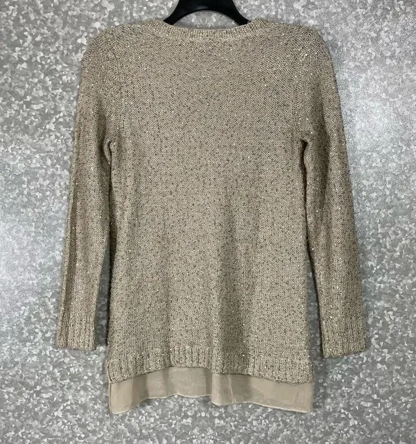 The Limited Beige Sequin Chiffon Hem Open Knit Sweater - Size Small - V-Neck - Image 6