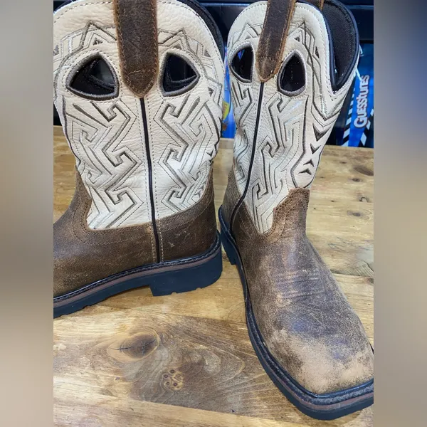 Ariat Wolverine size 5.5 Brown and tan leather cowboy work boots with steel toe - Image 4