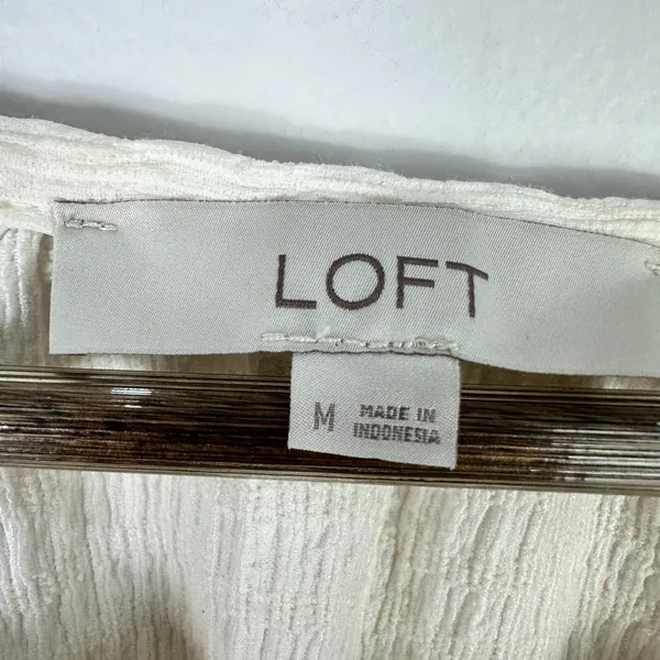 LOFT Peasant Top M Ivory Textured Tie Neck Blouse Boho‎ Minimalist Coastal Chic - Image 2