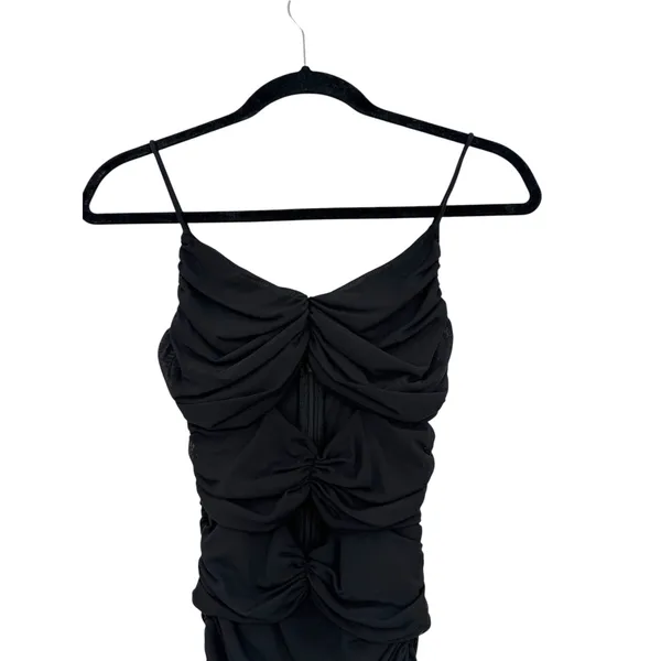 Oh Polly Black Ruched Mesh Cutout Bodycon Midi Dress Spaghetti Strap US 0 - Image 4